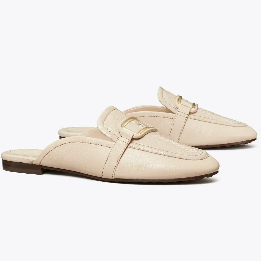 Tory Burch $348 Georgia Backless Loafer New Cream Snake Embossed Logo Buckle